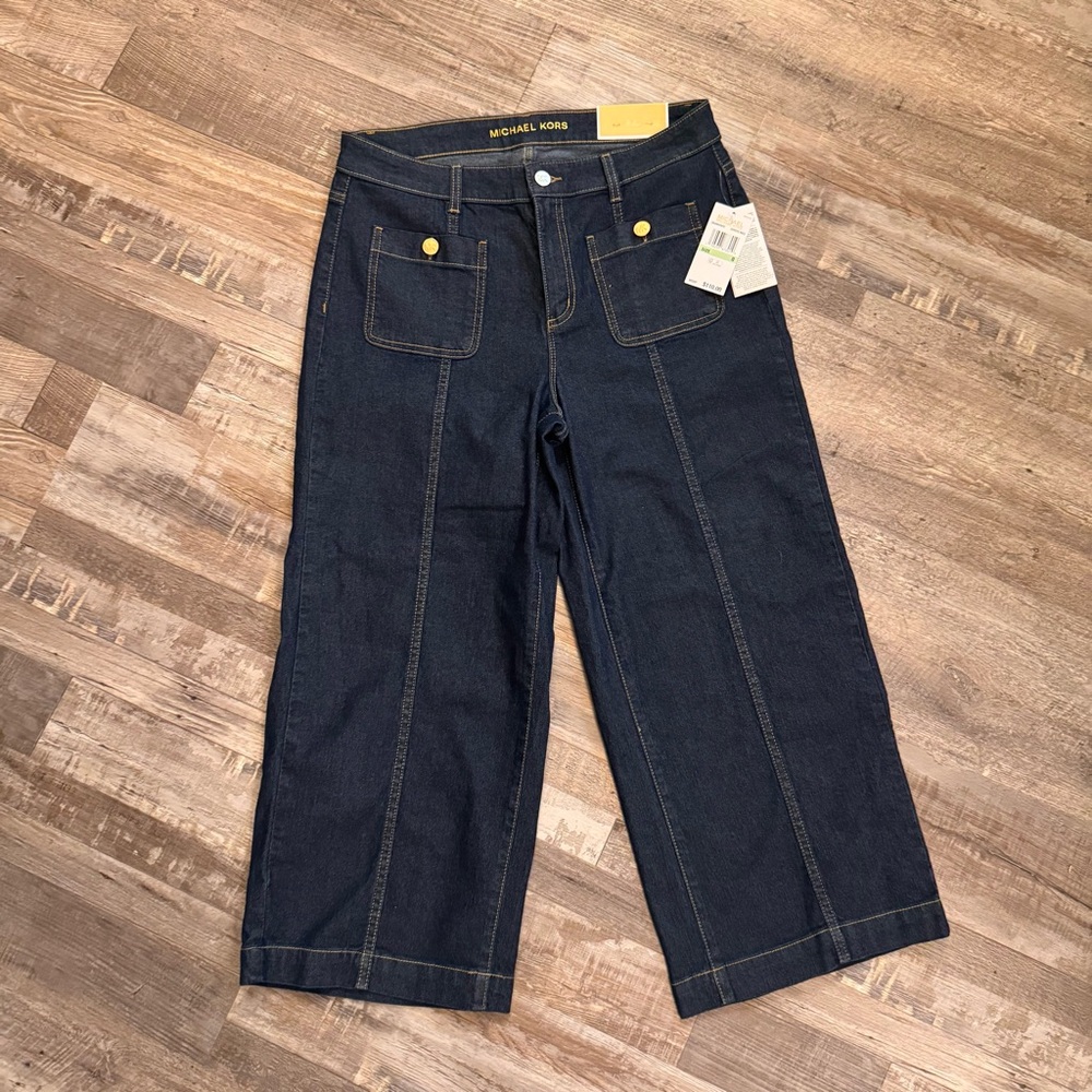 Michael Kors Selma Crop Wide Leg Jeans High-Rise Dark Wash Size 8 NWT